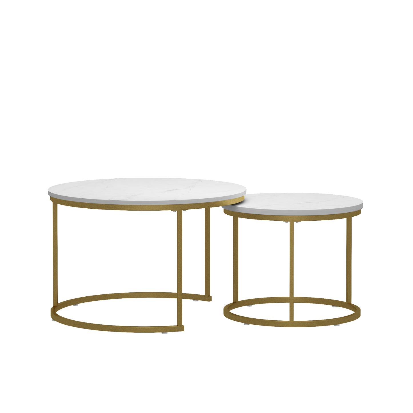 Nesting Coffee Table Set of 2 - Round Wood Marble Pattern - White+Gold