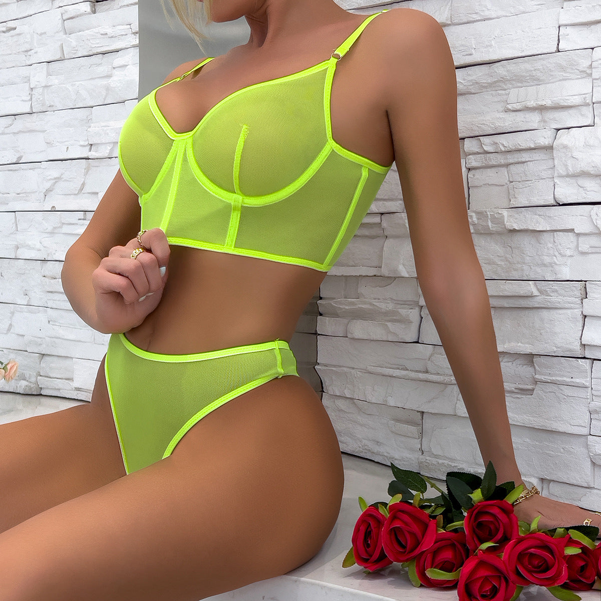 Women's Mesh Push-Up Underwear Set with Contrast Color Fishbone Design