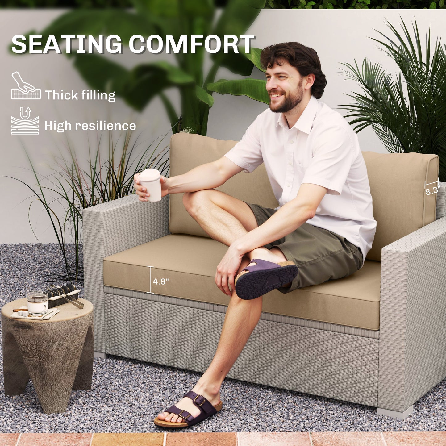 Beige Outdoor Loveseat Cushion Set - 3-Piece Thick Replacement Cushions