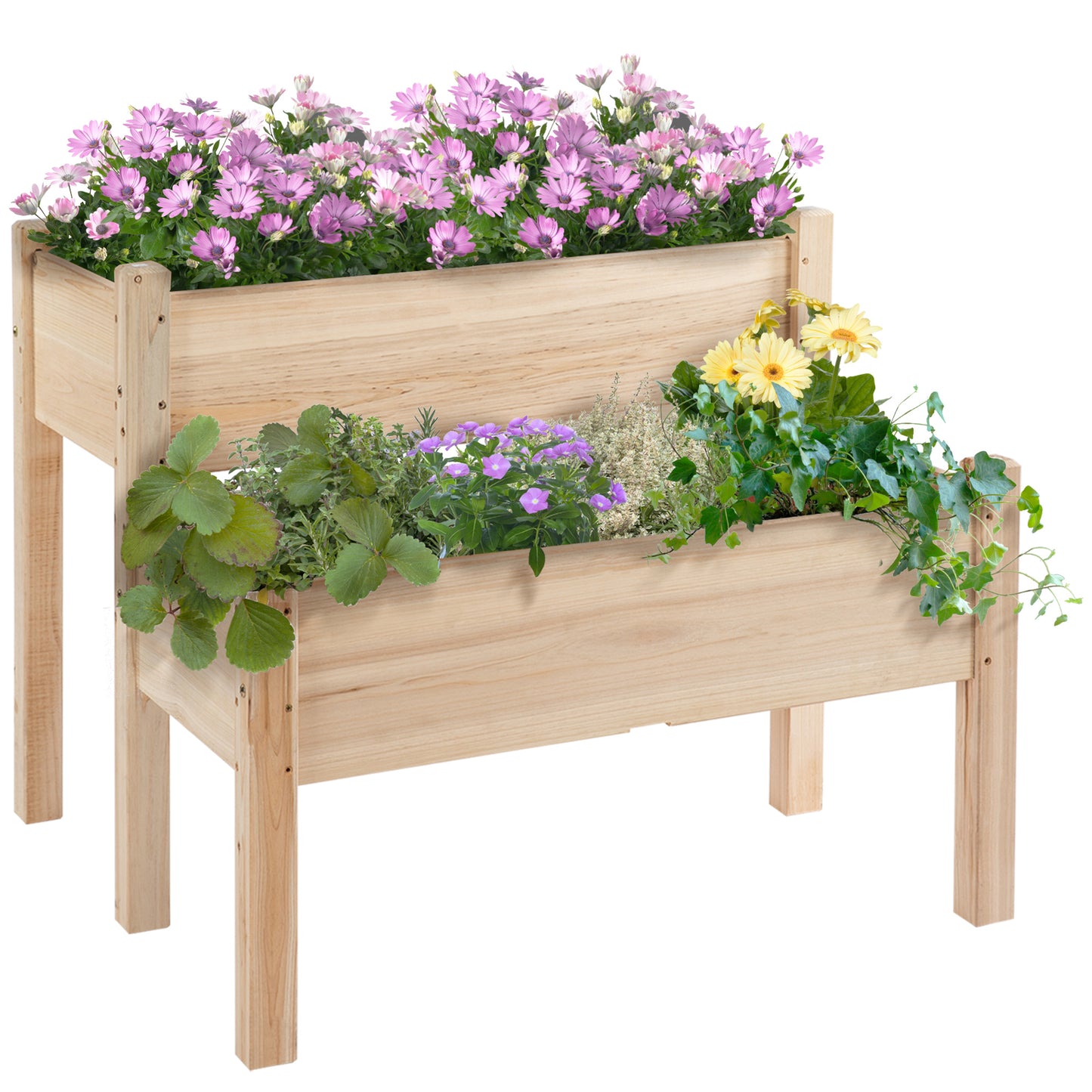 2-Tier Wooden Garden Bed and Plant Stand - 34x34x28 Inches, Natural