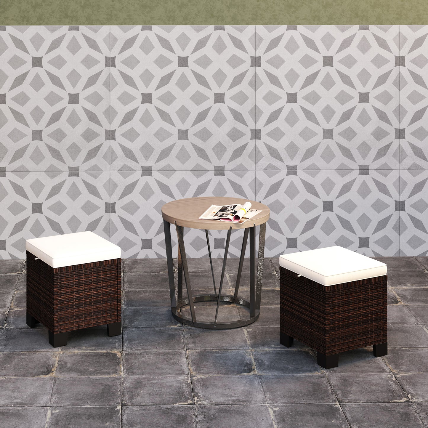 2-Piece Outdoor Wicker Ottoman Set with Cushions - Beige