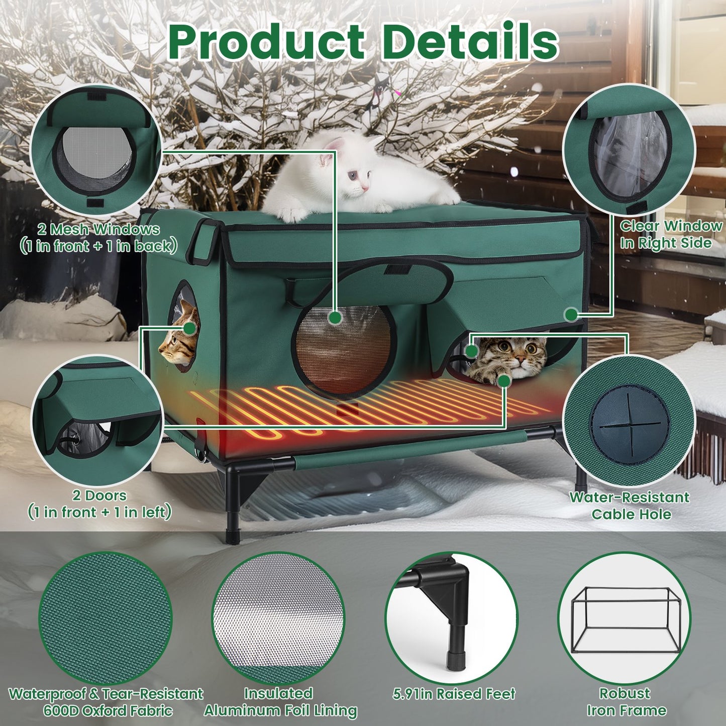 Outdoor Waterproof Heated Cat House with Insulated Shelter, 2 Doors & 3 Windows, Weatherproof Feral Cat Shelter - Green