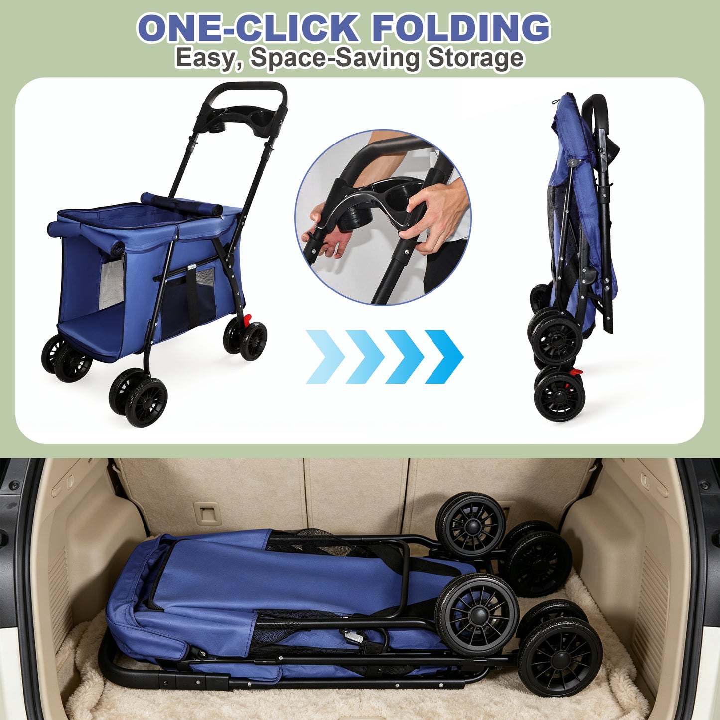 Foldable Pet Stroller with Breathable Mesh & Shockproof Wheels - Navy Blue