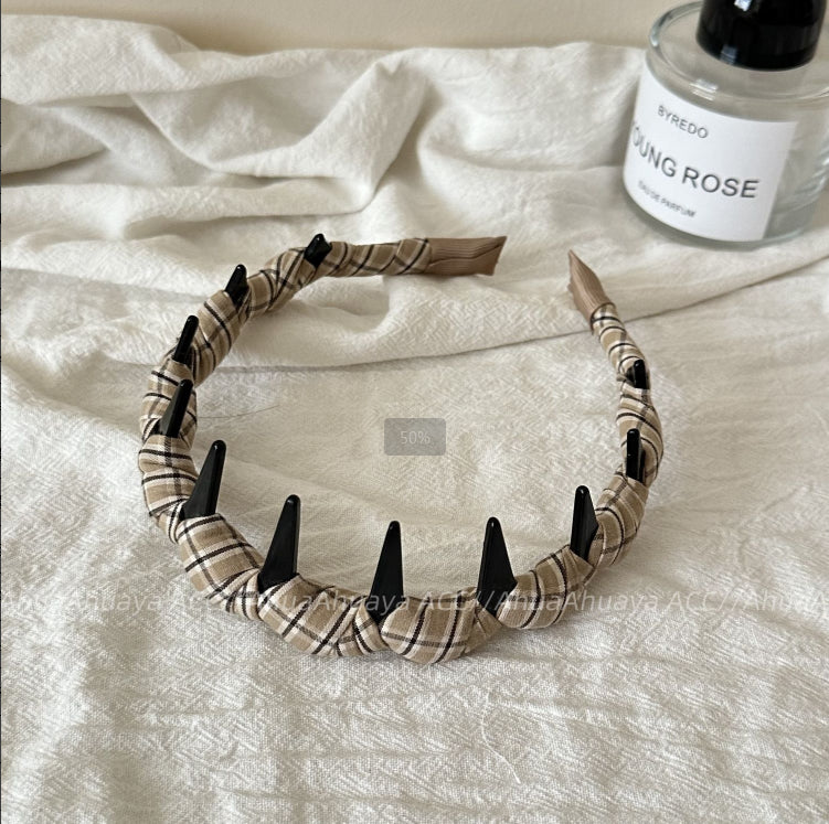Plaid Toothed Hairband Navy Blue Mixed Material - 1 Piece
