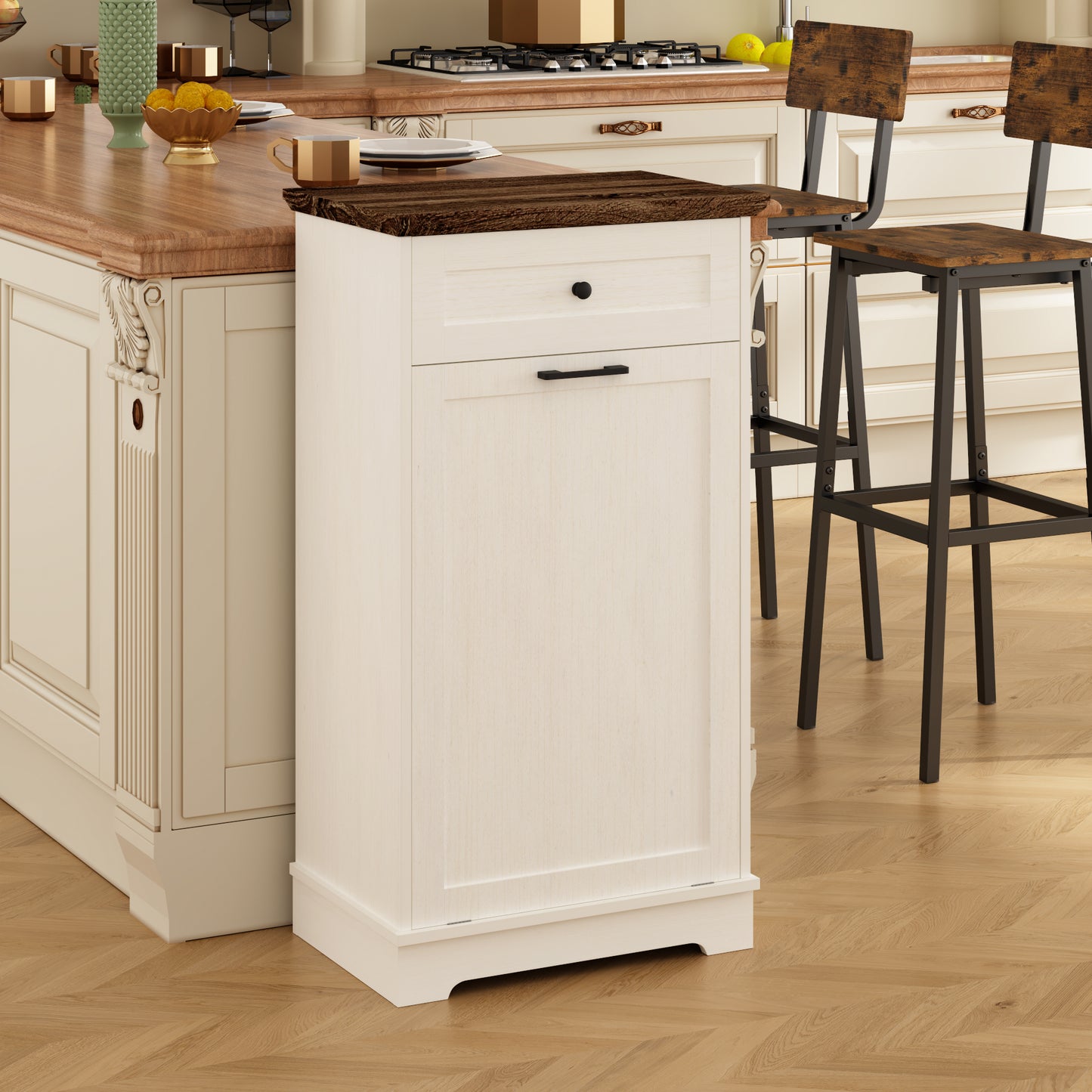 Tilt-Out Trash Cabinet - Freestanding Wood Recycling Bin with Drawer, Antique Brown & White