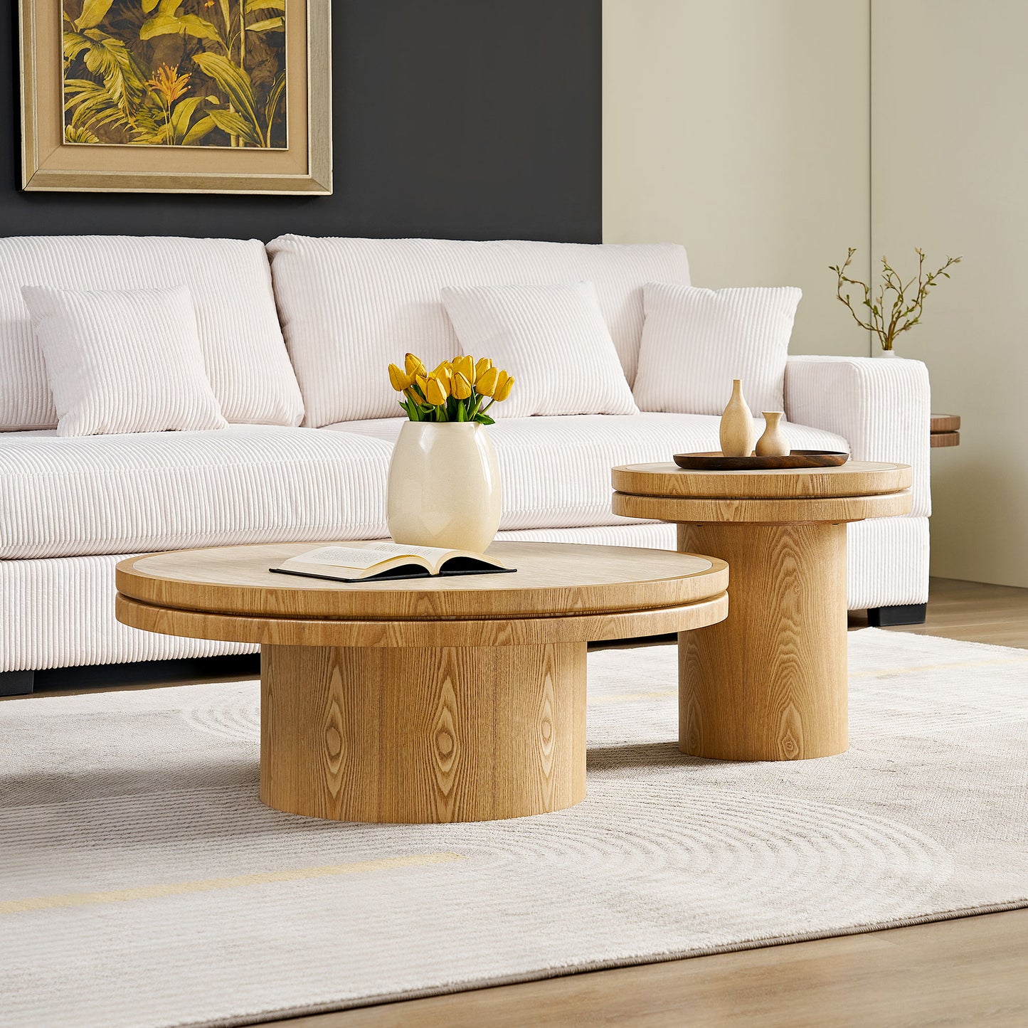 Round Coffee Table Set - 19.49" & 35.43" MDF with Sintered Stone Top - Natural