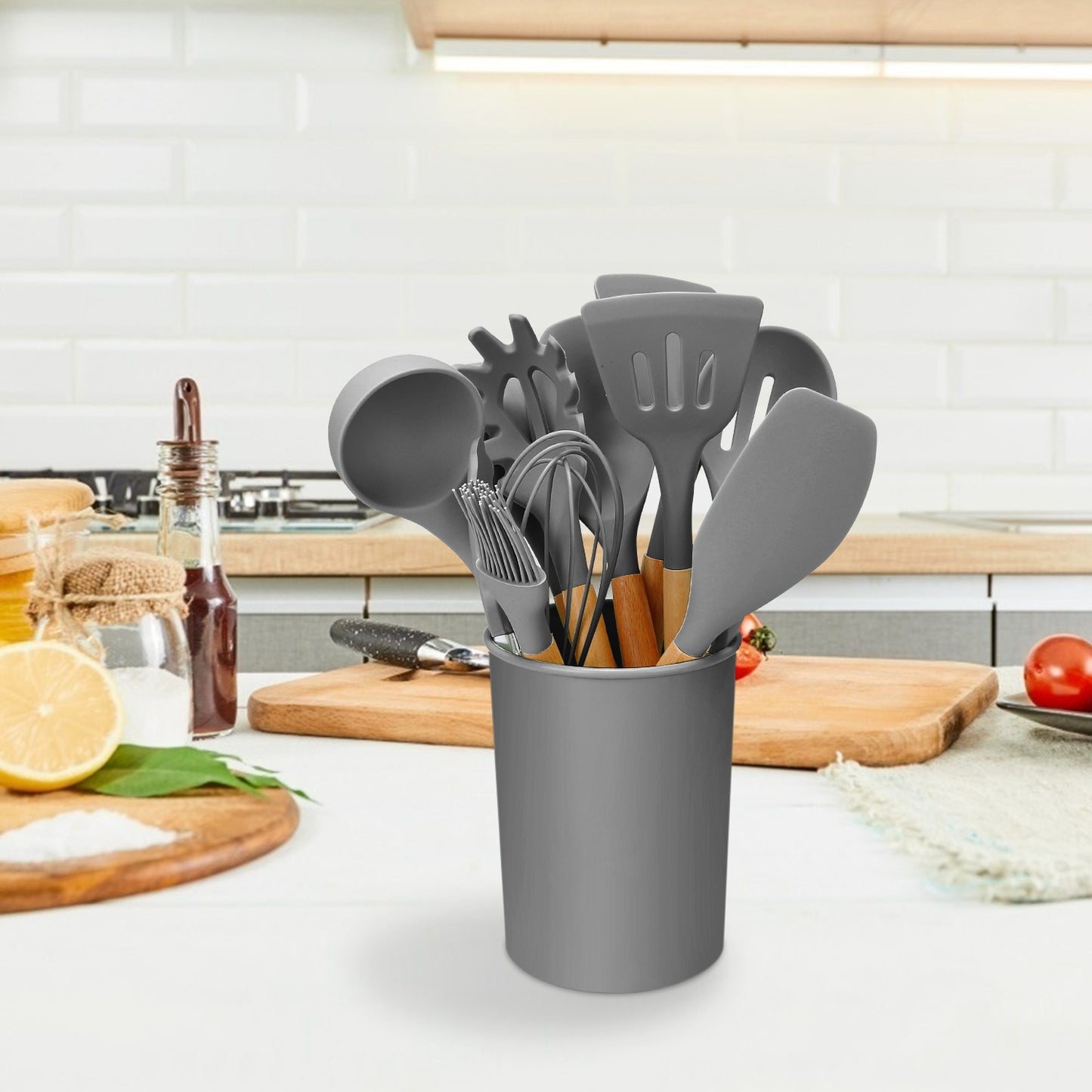 11-Piece Silicone Cooking Utensil Set with Wooden Handles