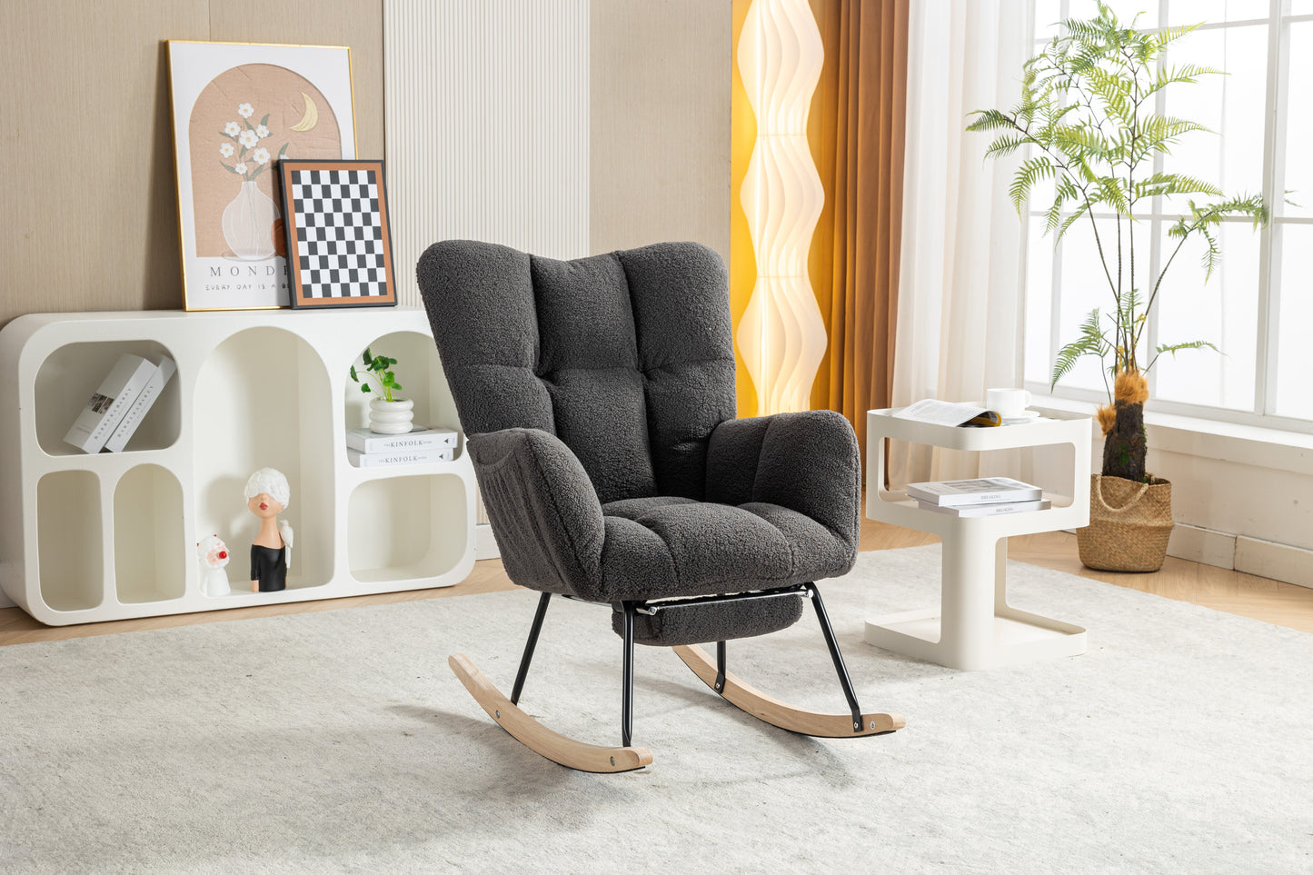 Modern Teddy Fabric Rocking Chair with Adjustable Footstool - Dark Gray
