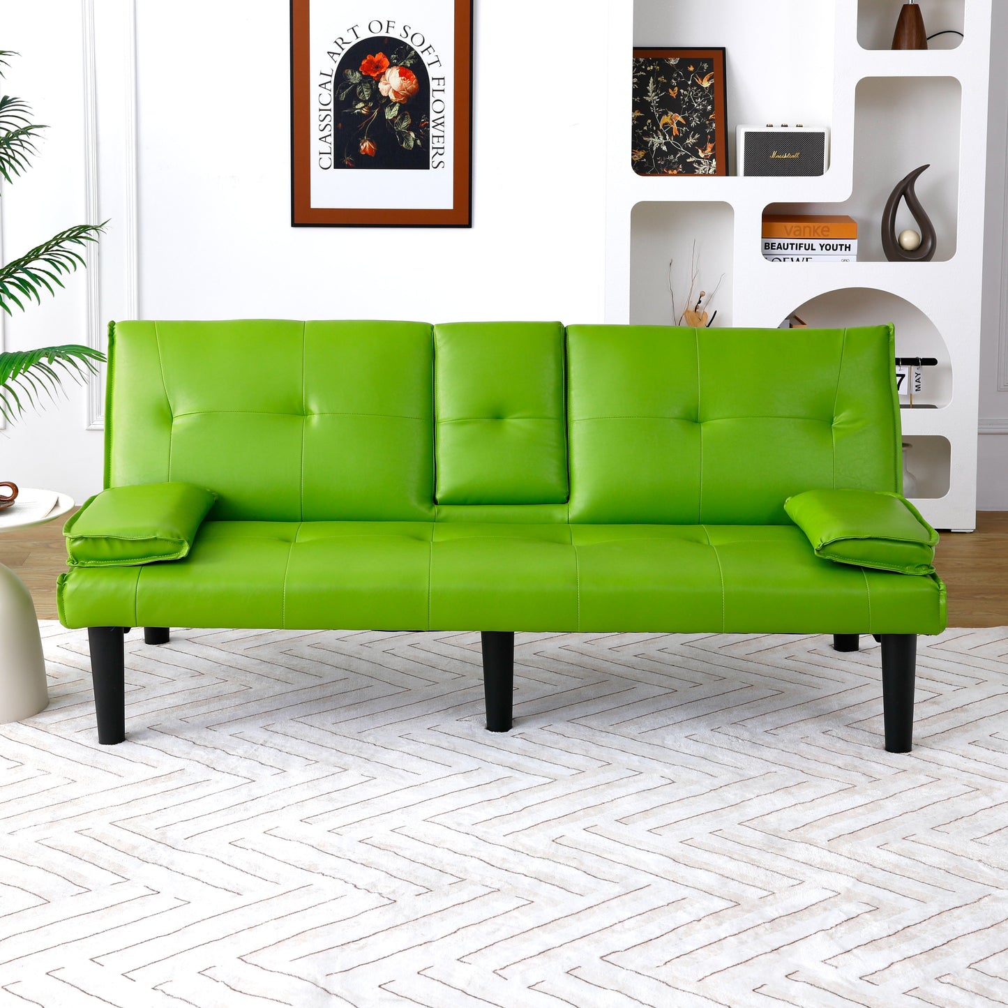 67-Inch Green PVC Multi-Functional Sofa Bed with Cup Holder