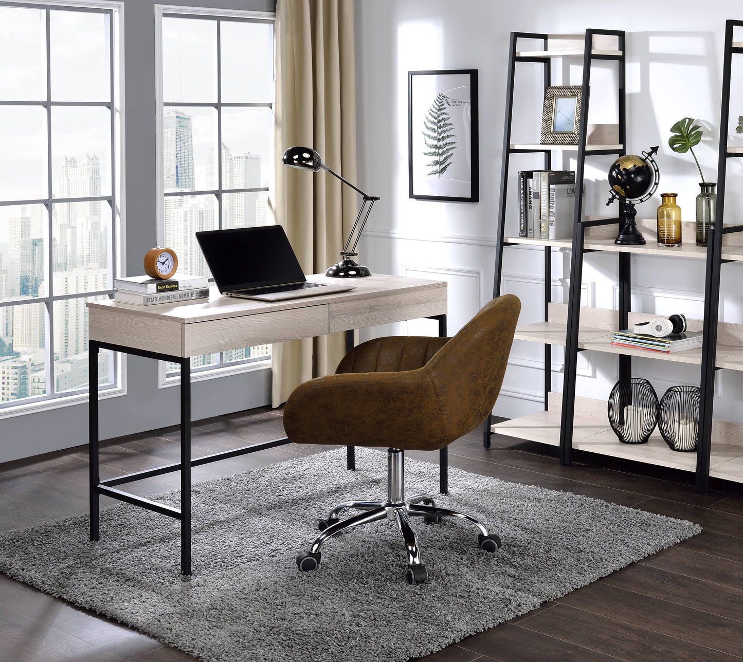 Writing Desk with Natural & Black Finish - 2 Drawers, USB Dock