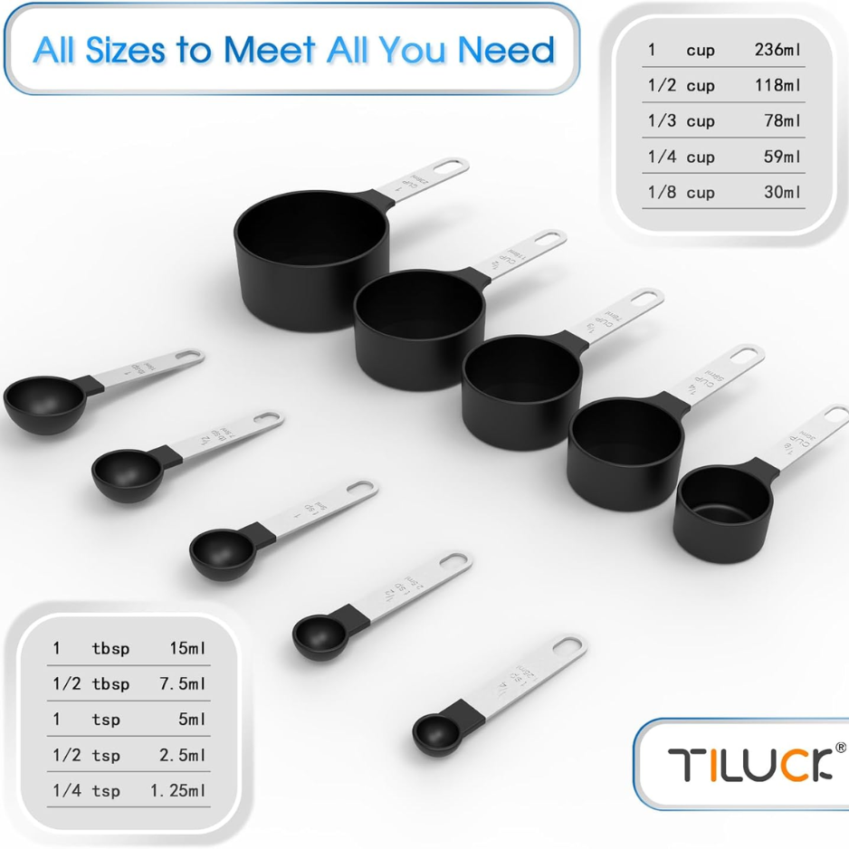 Black Stackable Measuring Cups & Spoons Set with Stainless Steel Handles