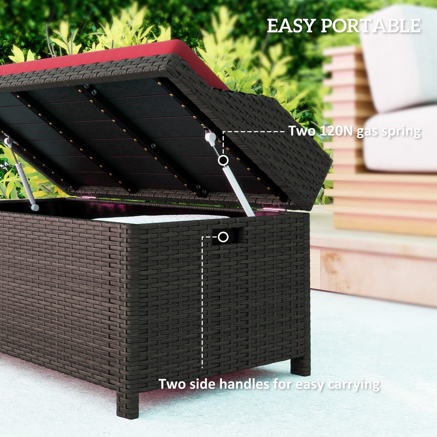 Outdoor Storage Bench with Cushion - Red Wicker Design