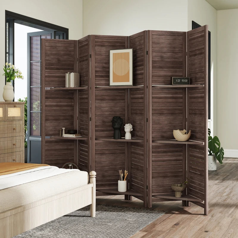Wood Privacy Screen Room Divider with 3 Shelves - Walnut