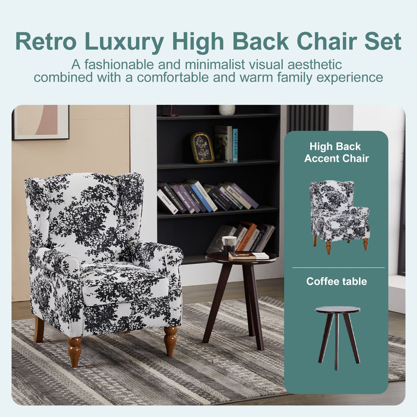 Coffee Table & Armchair Set,Vintage Luxury Style,a High-back Reading