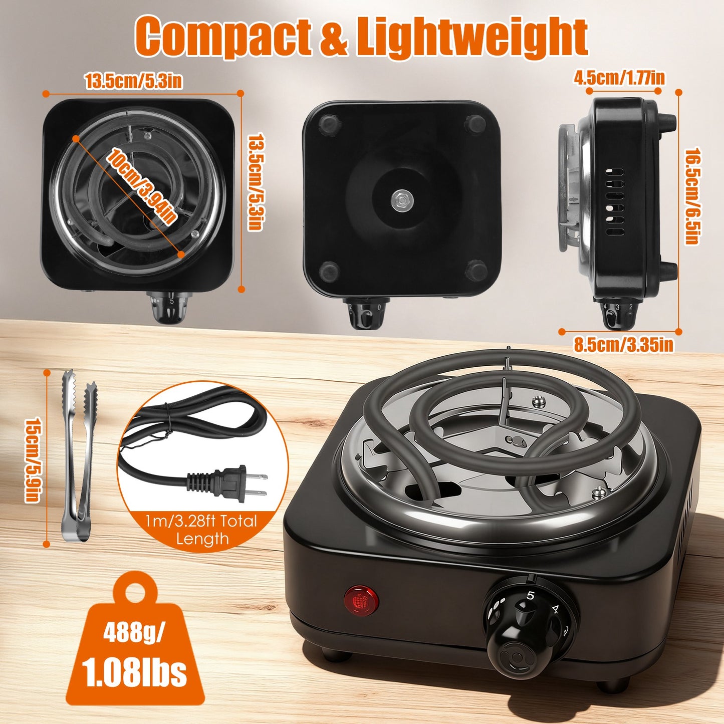 500W Electric Charcoal Burner with Thermostat Control & Tongs