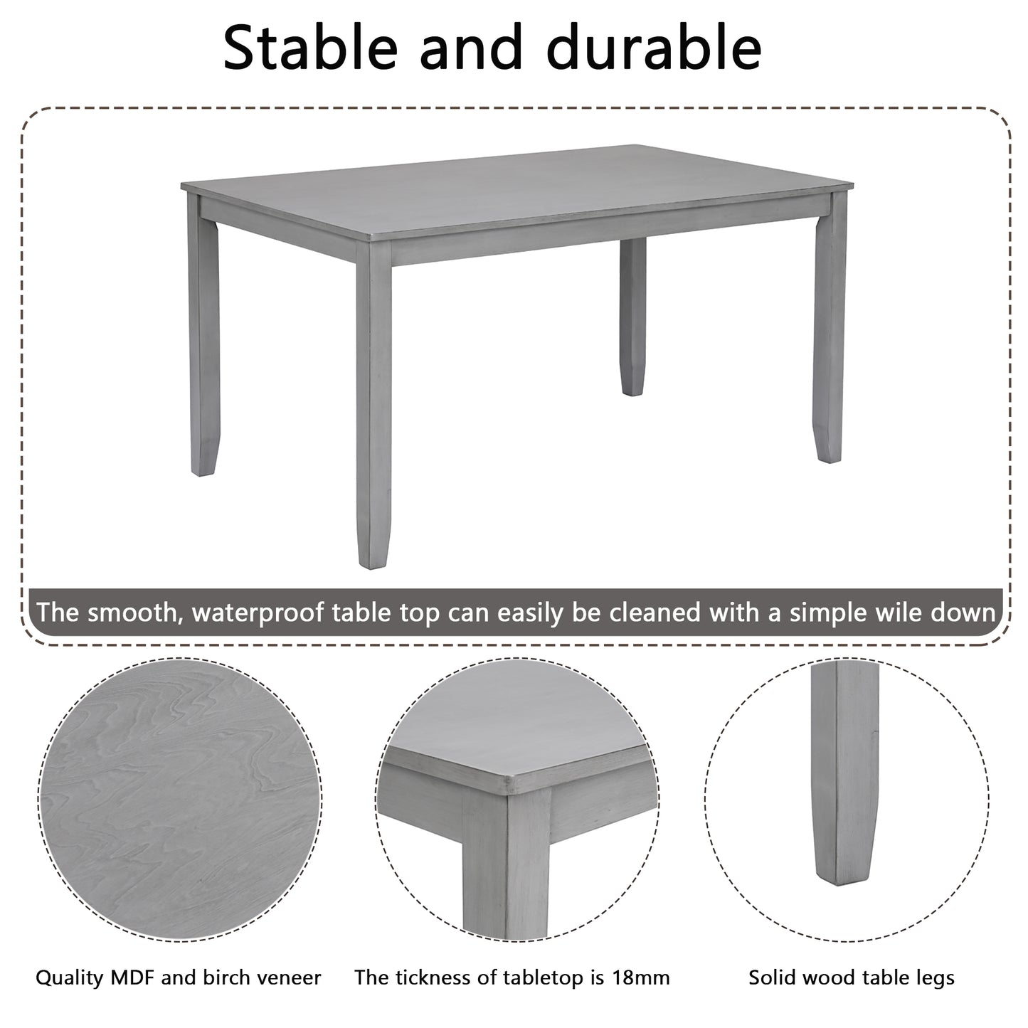 Modern 7-Piece Solid Wood Dining Table Set with 6 Chairs - Grey