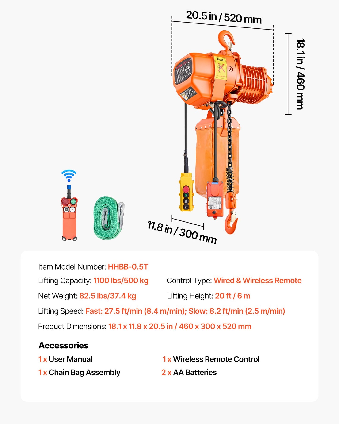 1100 Lb Electric Chain Hoist with Wireless & Wired Remote Control - 20 Ft Lift, Three-Phase Overhead Crane