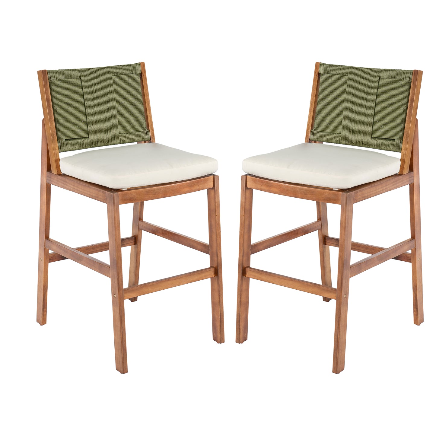 Outdoor Acacia Wood Bar Stools Set of 2 with Cream Cushion & Wicker Back