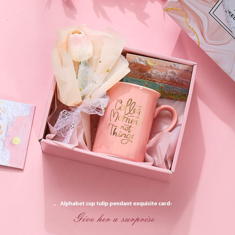 Ceramic Tulip Glass Cup with Bunny Pendant and Gift Card, 301-400ml