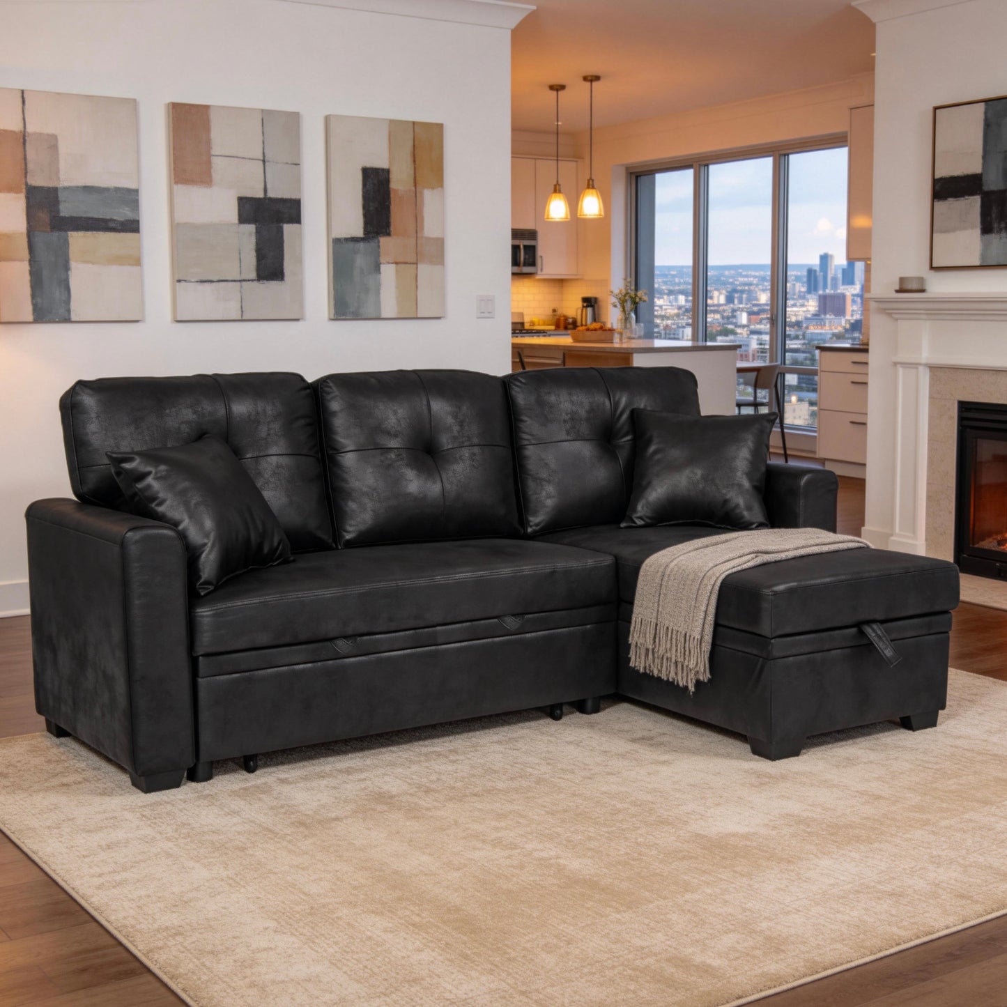 Sleeper Sofa with Pull-Out Bed & Reversible Chaise - Black