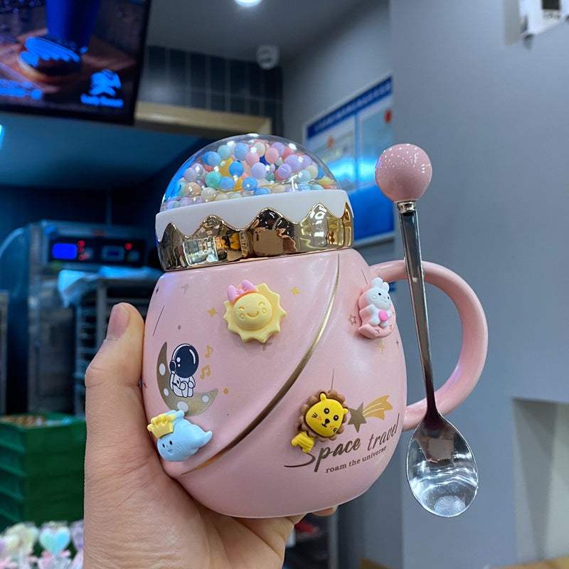 Korean Mug with Spoon and Cover - 450ml Ceramic Drinkware Set