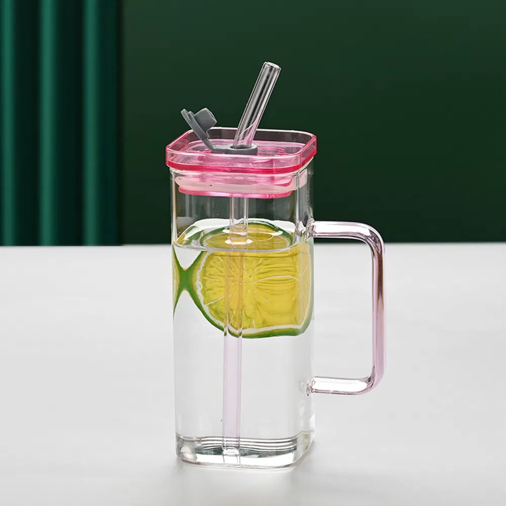 Pink Borosilicate Glass Cup with Straw and Lid - 6 Colors
