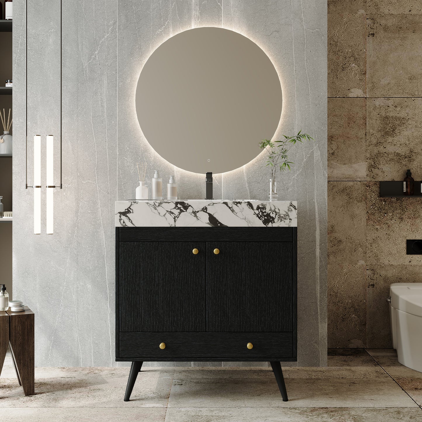 Contemporary Free-standing Bathroom Vanity with Faux Marble Top - 30" Double Door Storage Cabinet