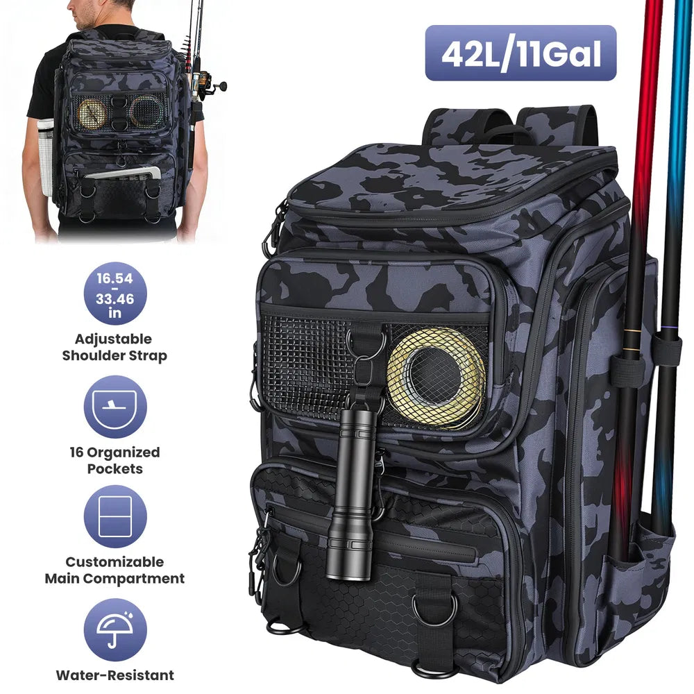 42L Fishing Backpack - Large Capacity Tackle Storage Bag with Rod Holders