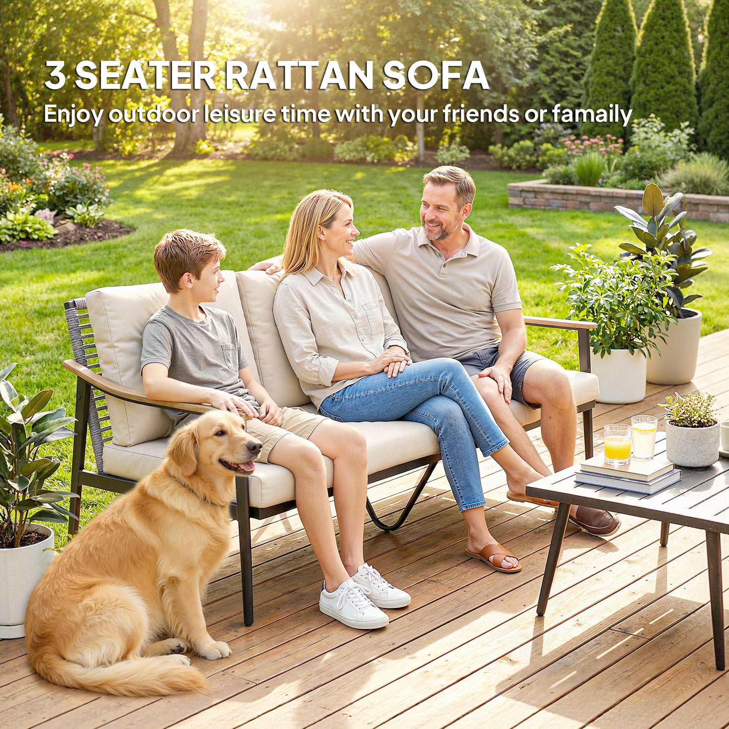 Outdoor Patio Sofa for 3 - Wicker Couch with Cushions, Khaki