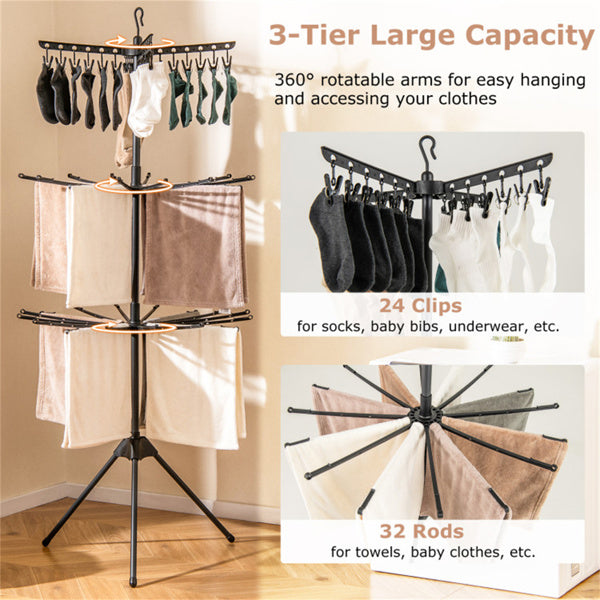Foldable 3-Tier Laundry Drying Rack with 24 Clips & 32 Rods - Space Saving Clothes Dryer