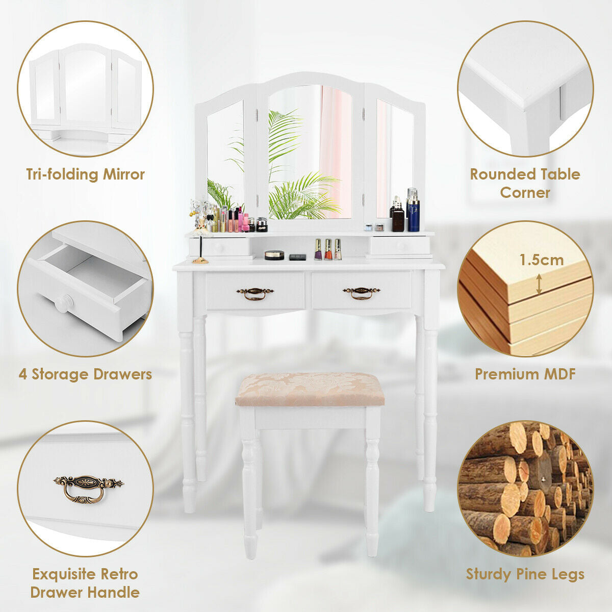 Vanity Set with Tri-Folding Mirror and Storage Drawers - White