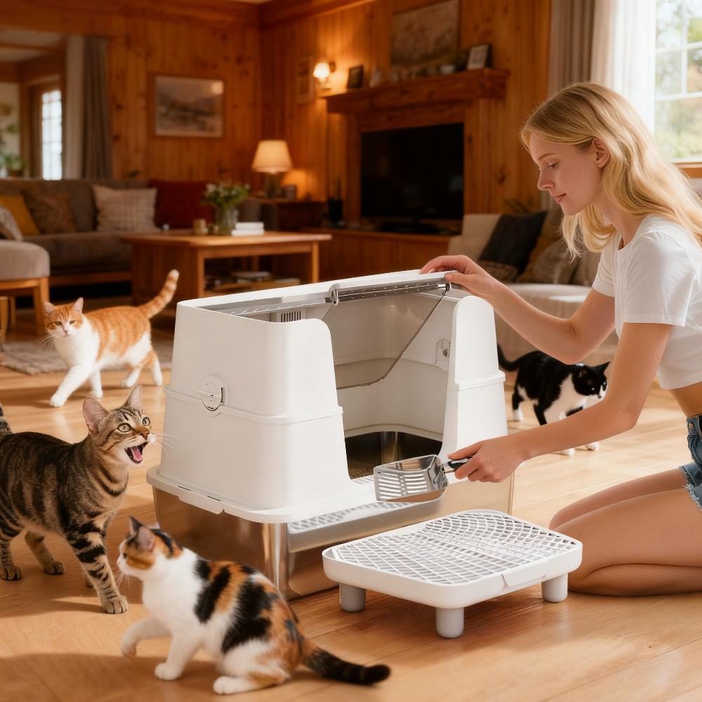 Large Enclosed Cat Litter Box with Top & Side Entry - Stainless Steel, Gray