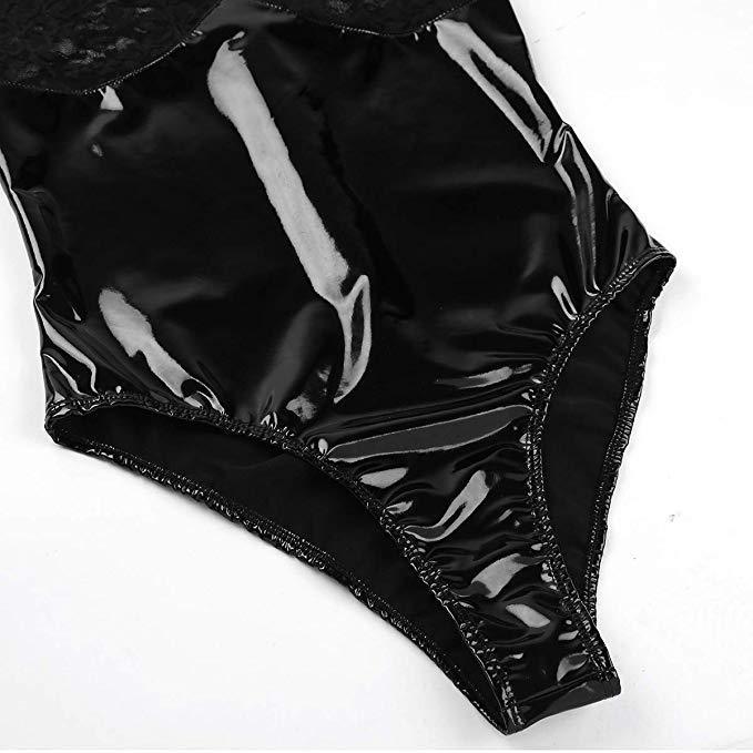 Black Patent Leather Lace Bodysuit for Women - Sexy Lingerie