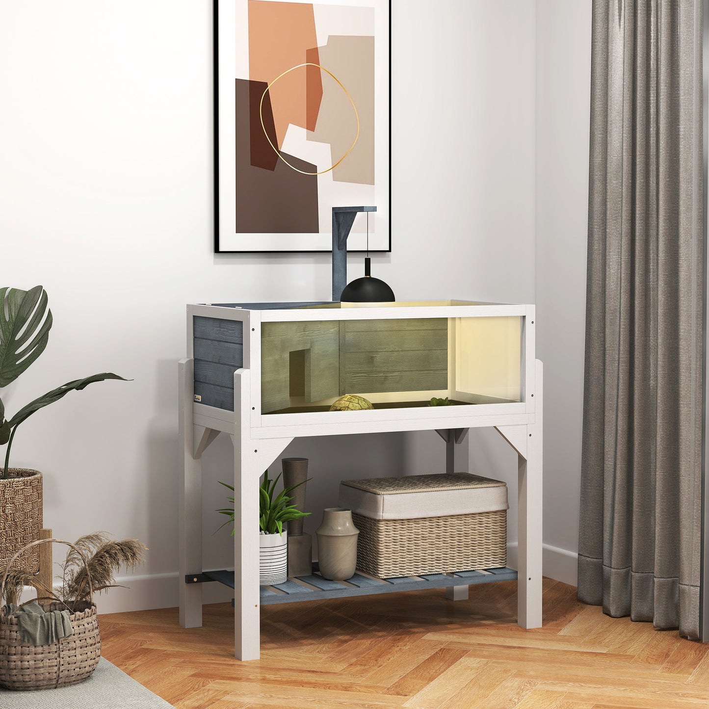 Wooden Tortoise Habitat with Storage Shelf and Windows - Gray