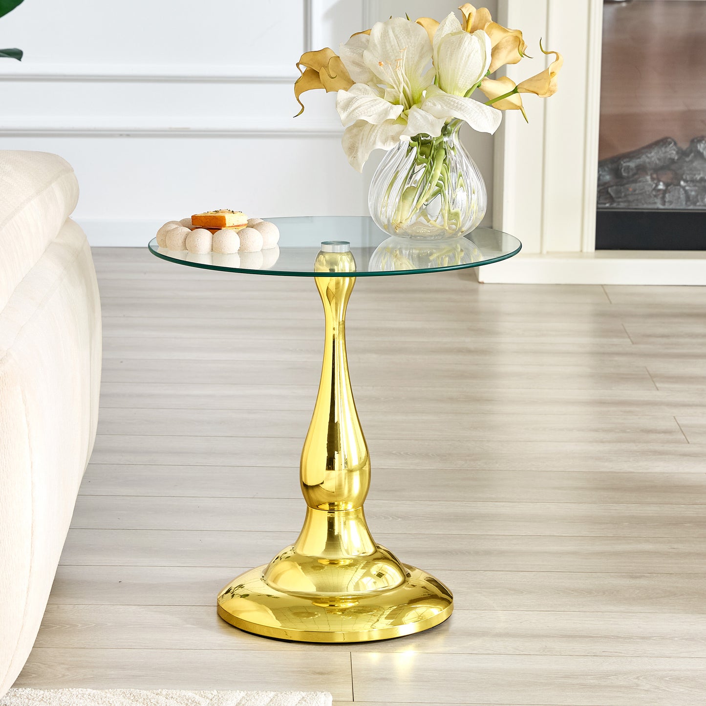 Modern Round Metal Side Table with Glass Top - Gold