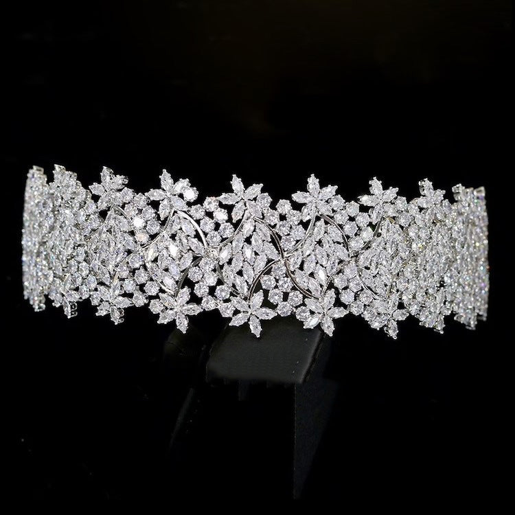 Zircon Flower Bridal Crown Headband - Silver