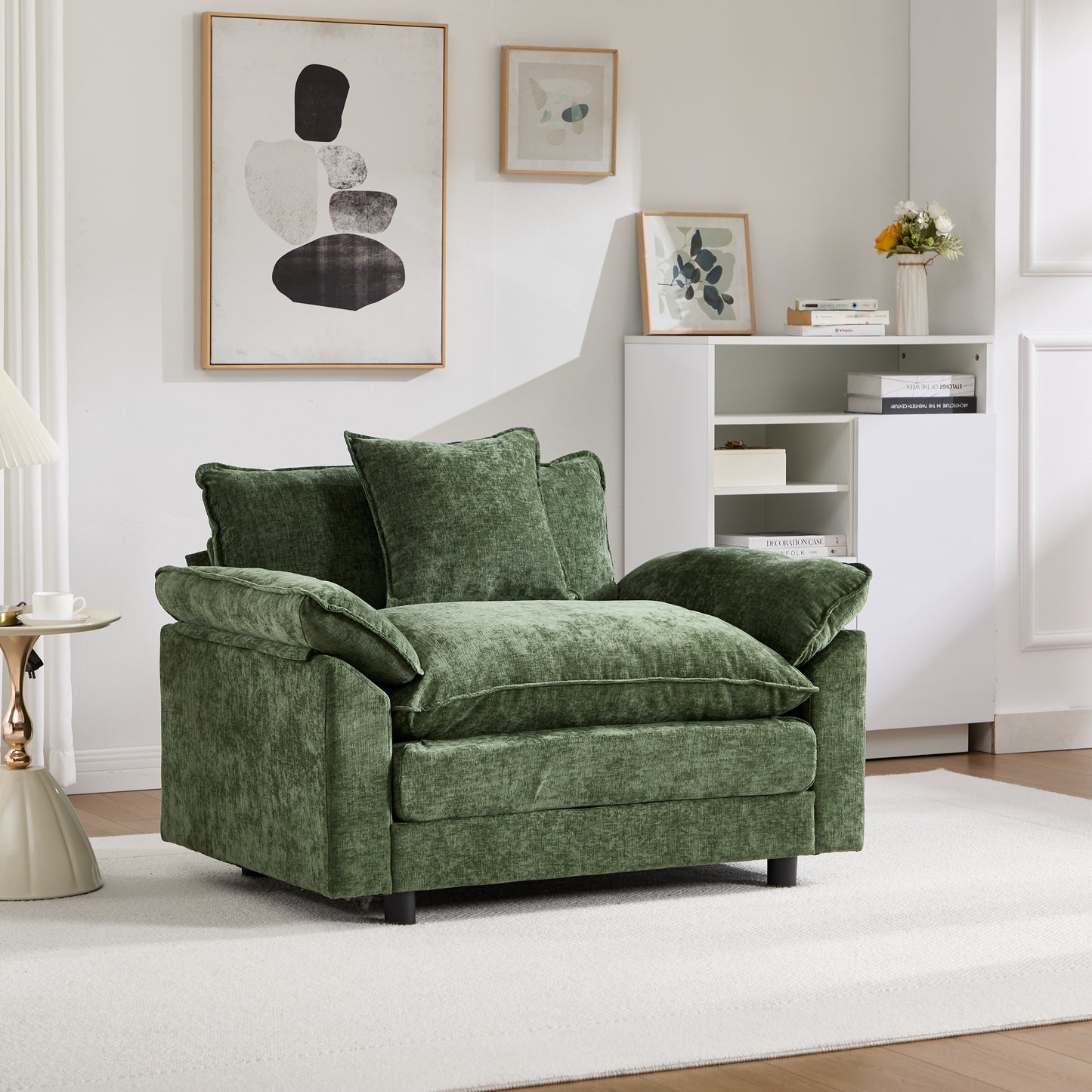 Modern Accent Chair with Ottoman - Green Chenille Upholstered Armchair