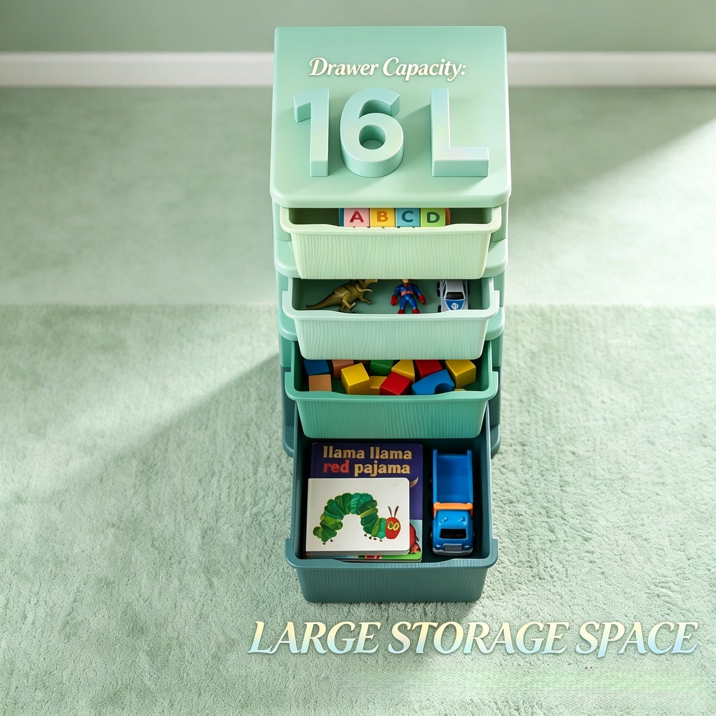 Child-Friendly Toy Storage Organizer - Green Multi-Tier Unit