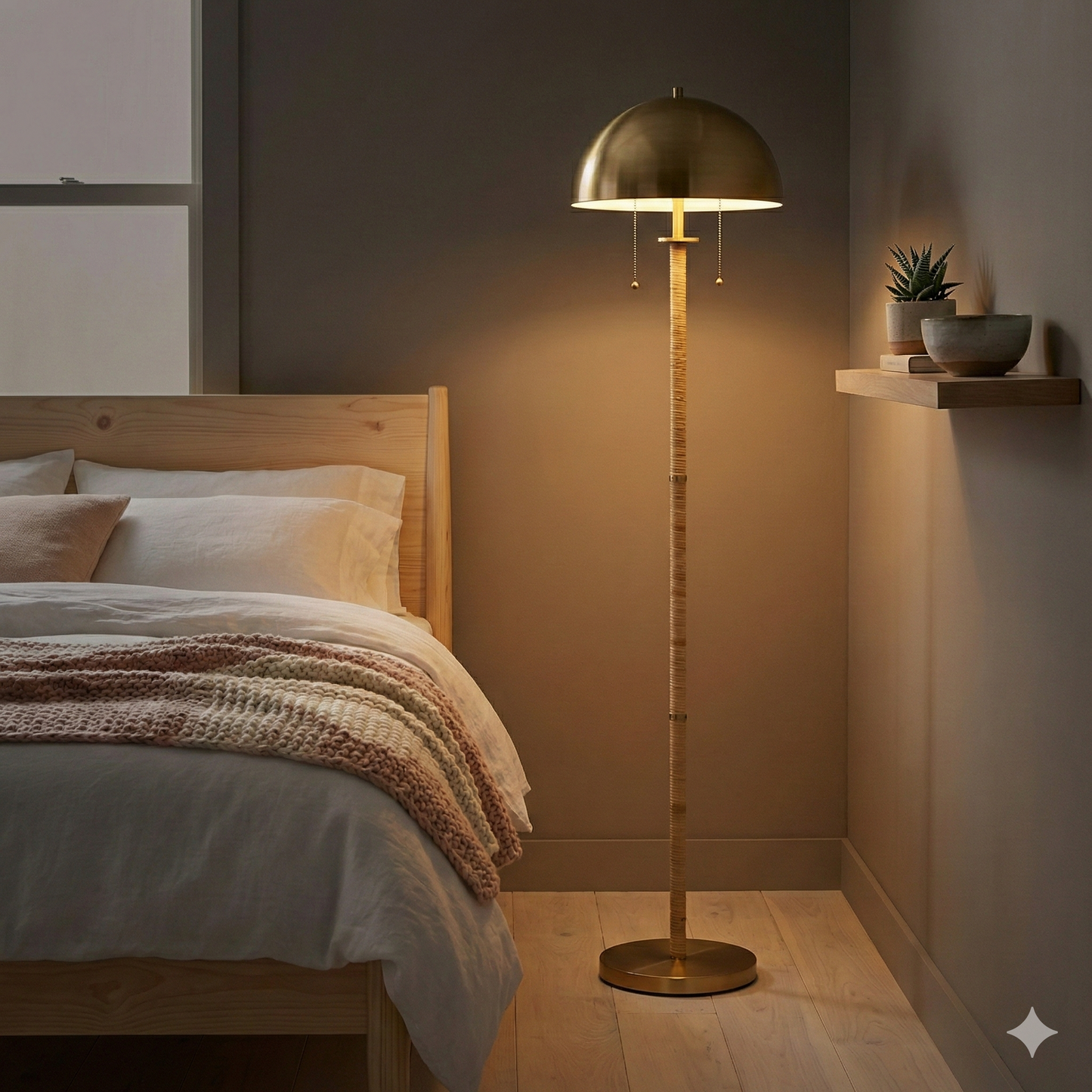 Allure 2-Light Floor Lamp, Gold Brass, Natural Rattan Details ,
