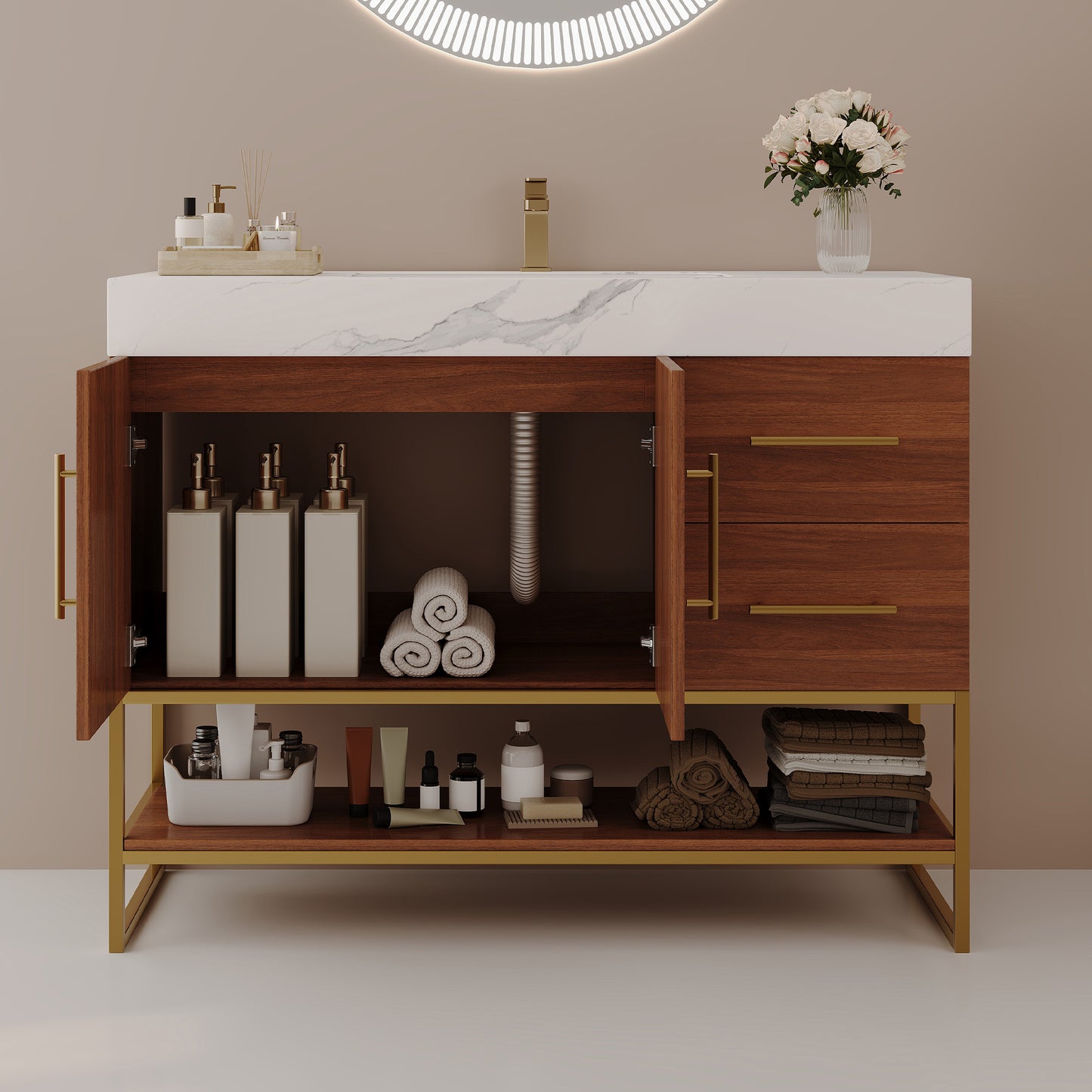 36" Modern Free-Standing Bathroom Vanity with Seamless Sink - Gold, Walnut, White