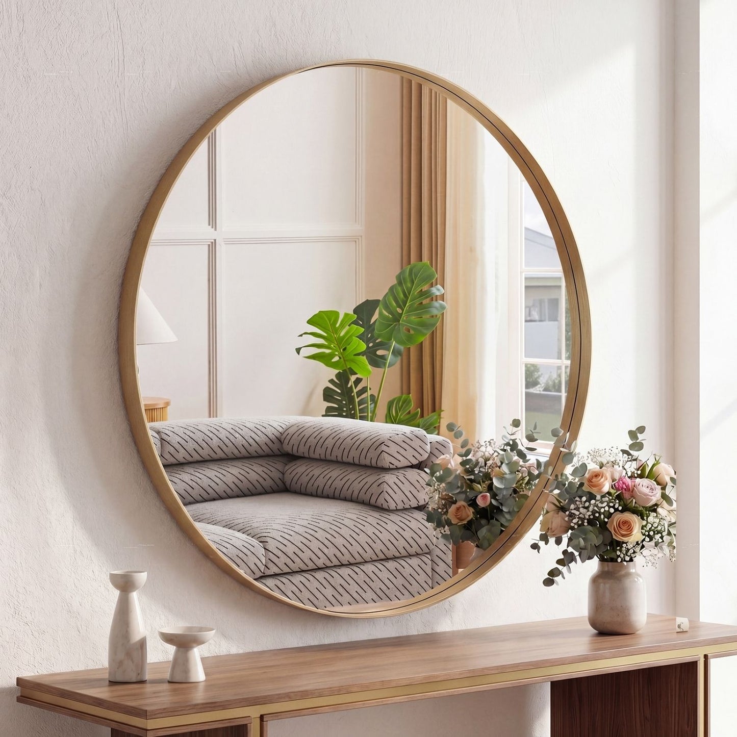 Round Wall Mirror With Metal Frame, Bathroom