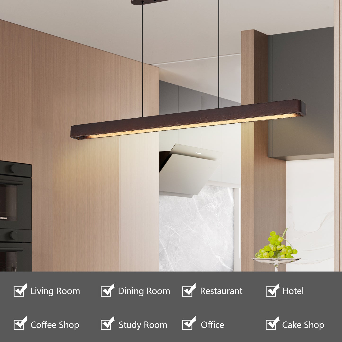39-Inch Walnut Wood LED Pendant Light - Adjustable Modern Fixture