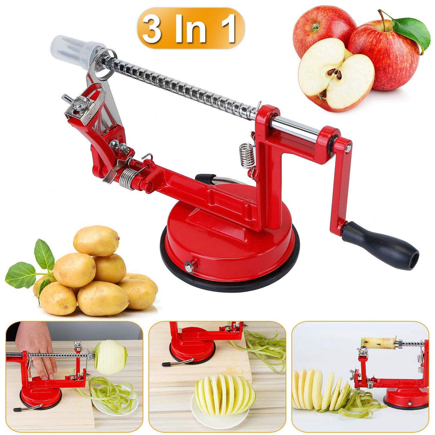 3-in-1 Apple Peeler, Slicer & Corer with Suction Base - Red