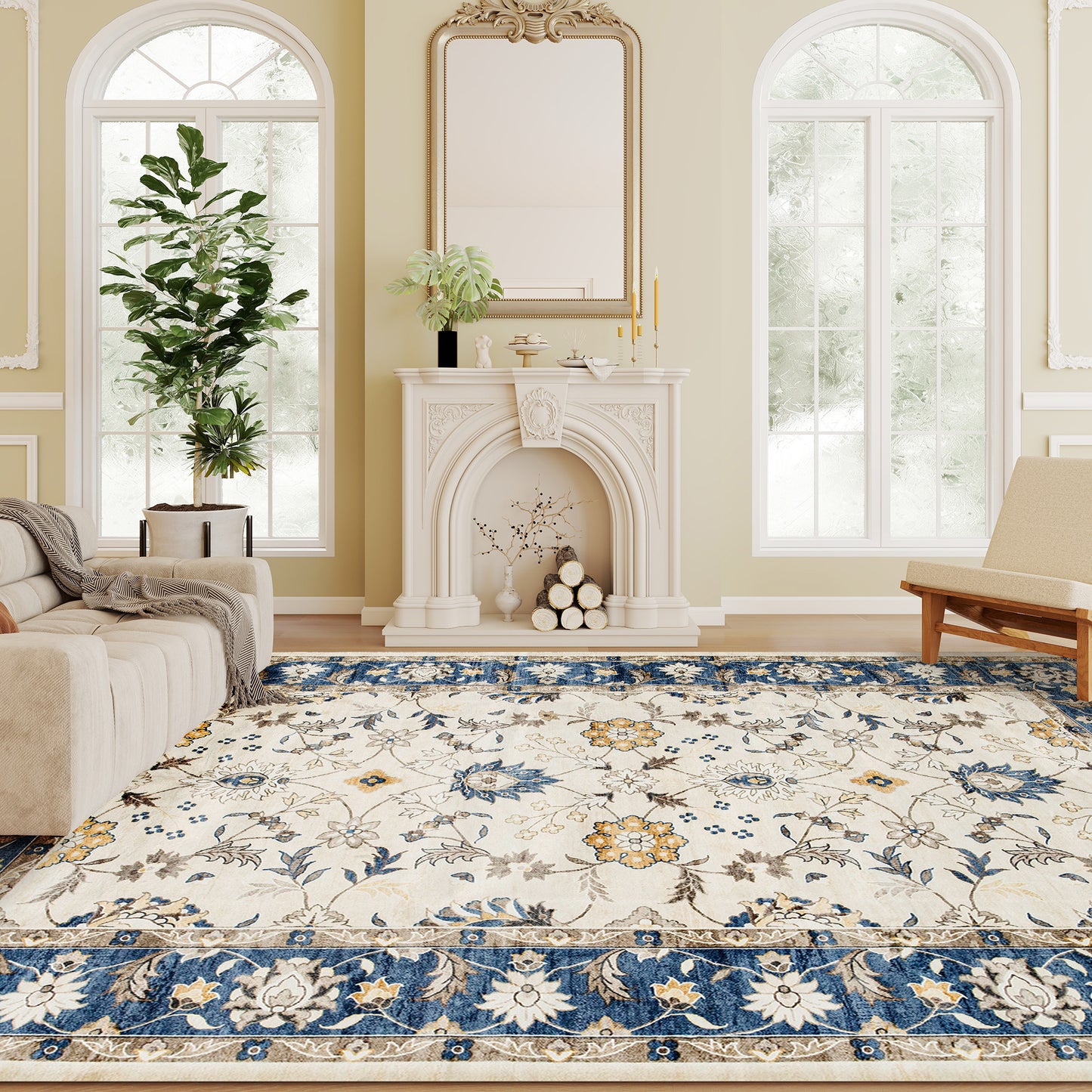 Machine Washable Boho Floral Area Rug 4x6 - Blue