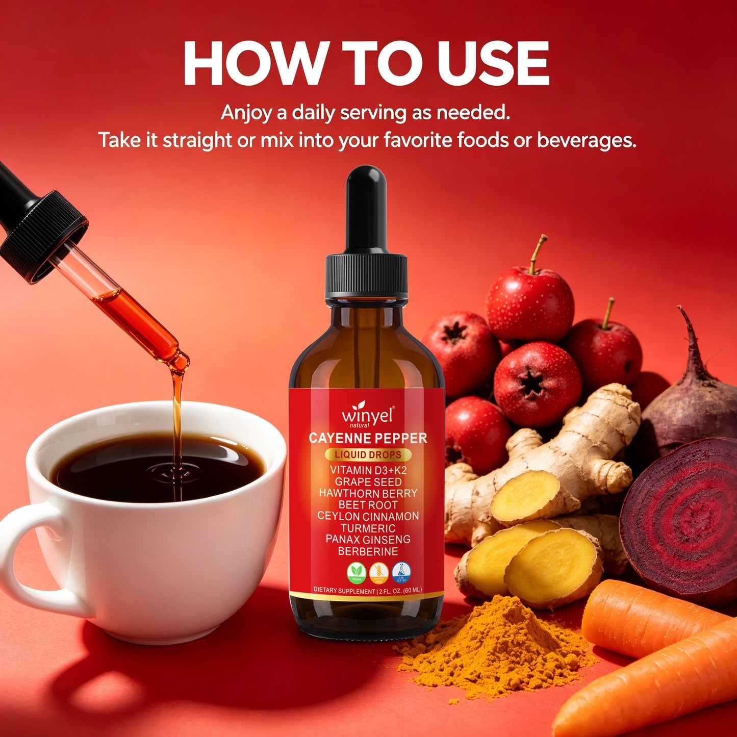 7-in-1 Herbal Liquid Drops - Cayenne, Beet Root, Turmeric & Berberine - 60ml