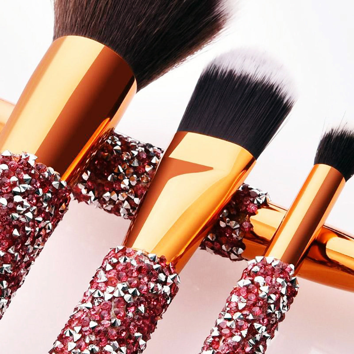 10-Piece Luxury Makeup Brush Set with Diamond Crystal Handles - Red