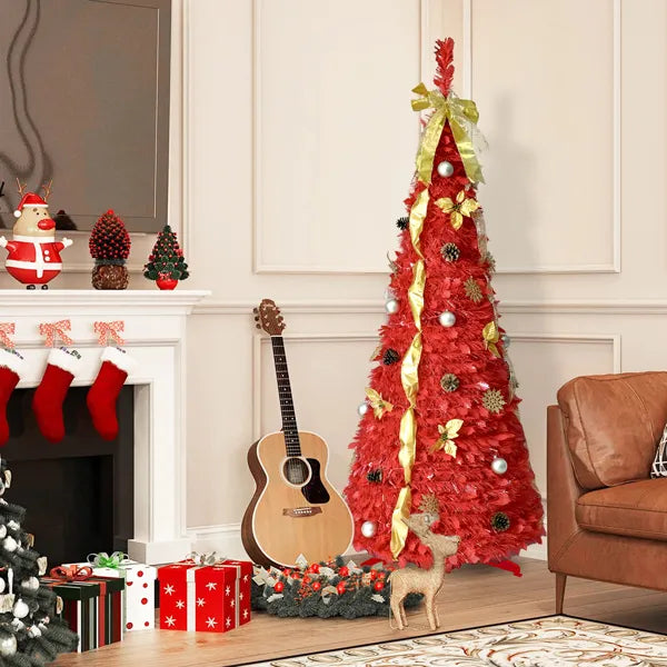 6FT Red Pop-Up Christmas Tree with 150 LED Lights & Ornaments