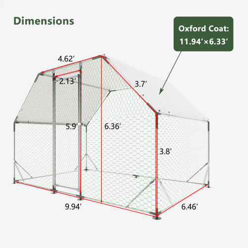 Large Walk-In Chicken Coop with Waterproof Cover - Metal Poultry Run 9.94 ft x 6.46 ft x 6.36 ft