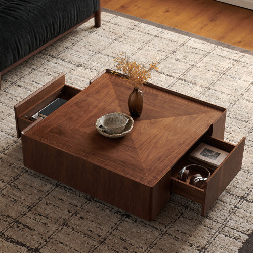 35.4-Inch Square Coffee Table - Modern Walnut Wood Design