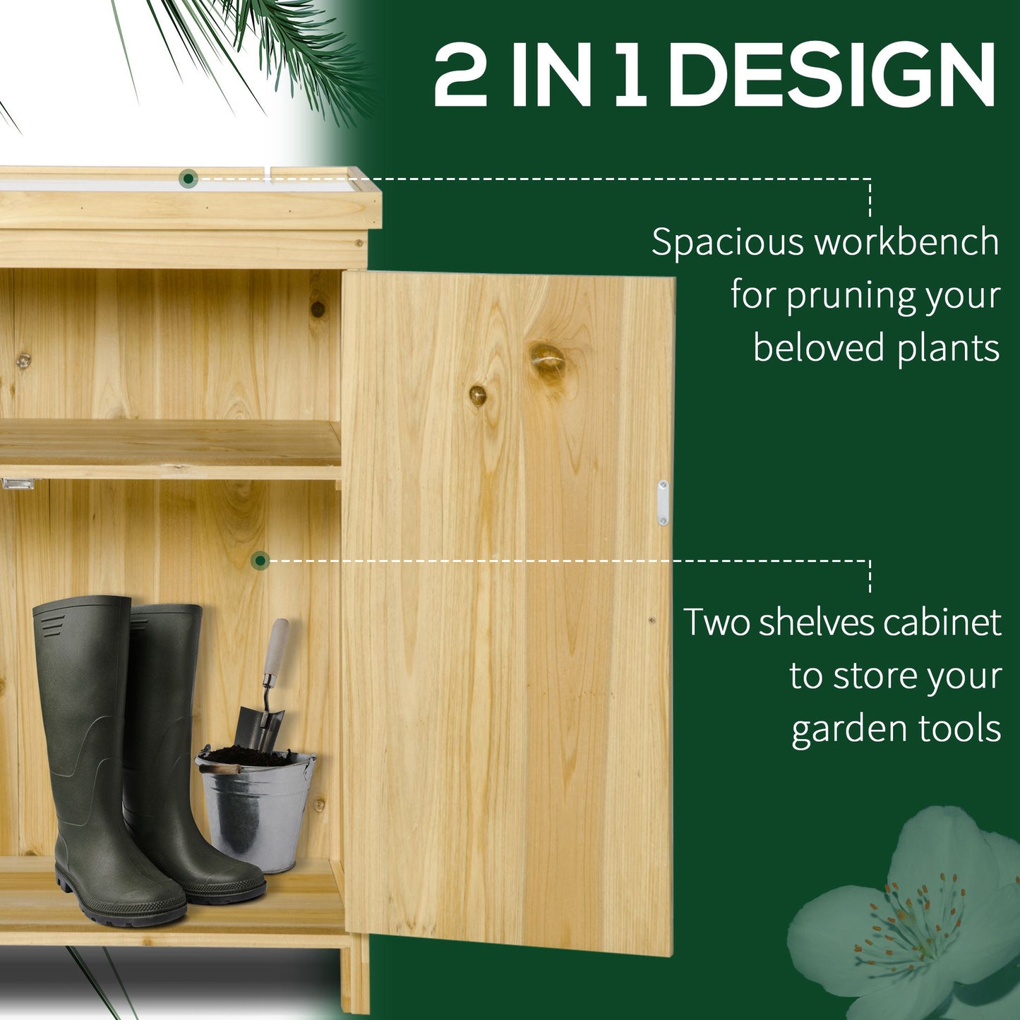 Outdoor Garden Storage Cabinet with Galvanized Steel Top - Natural Wood, 970x510x260 mm